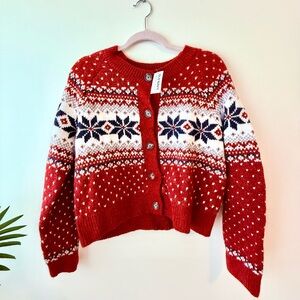 NWT Old Navy Women’s Red Wool Blend Fair Isle Holiday Sweater Cardigan Size S